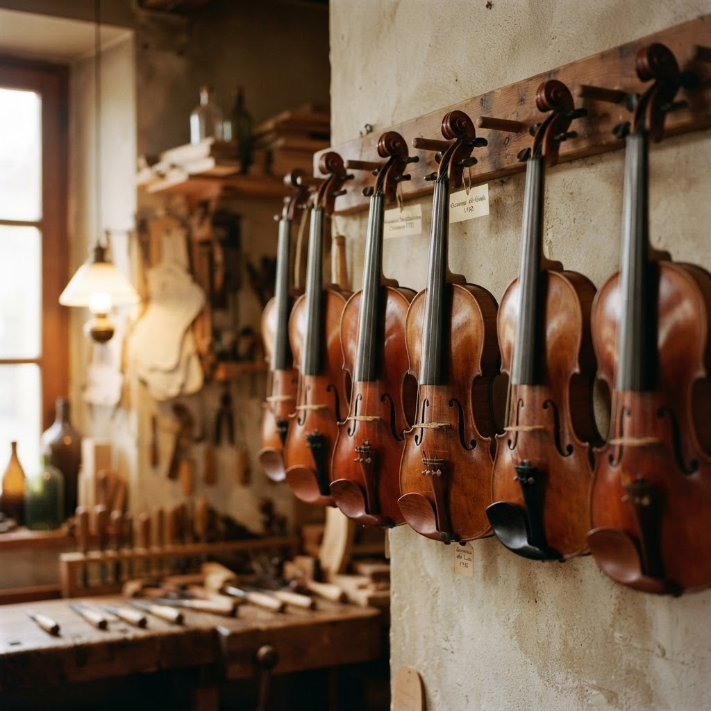 A row of fine violins hanging on a wooden rack in a violin workshop