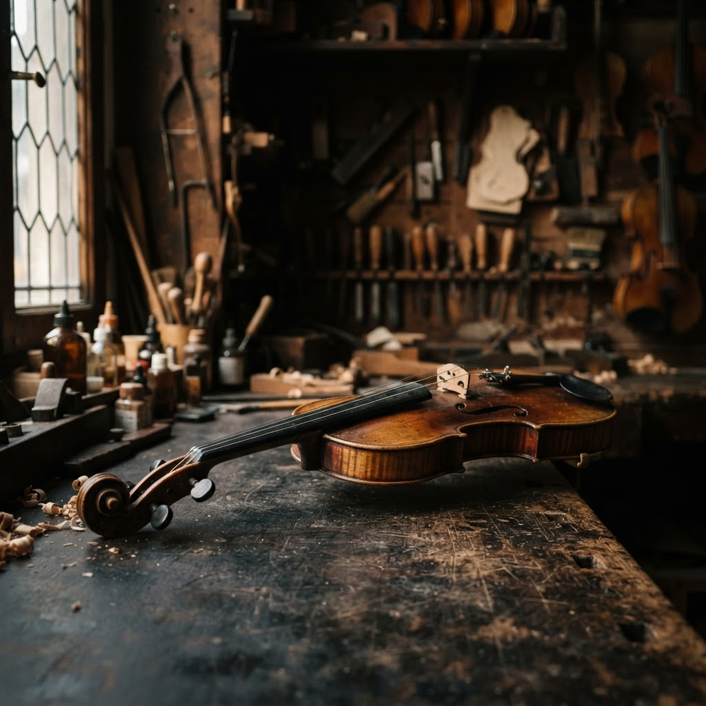 A fine antique violin resting on a luthier's workbench in warm workshop light