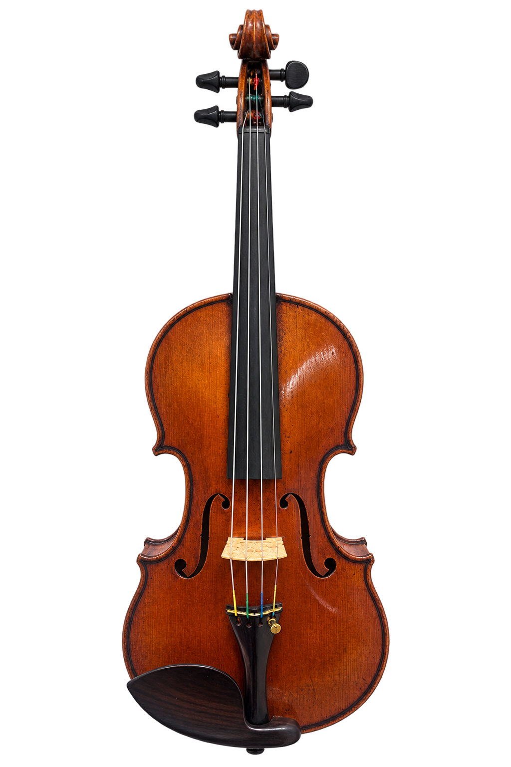 German violin bearing a Baader & Dürrschmidt label, full front view with warm amber-brown varnish