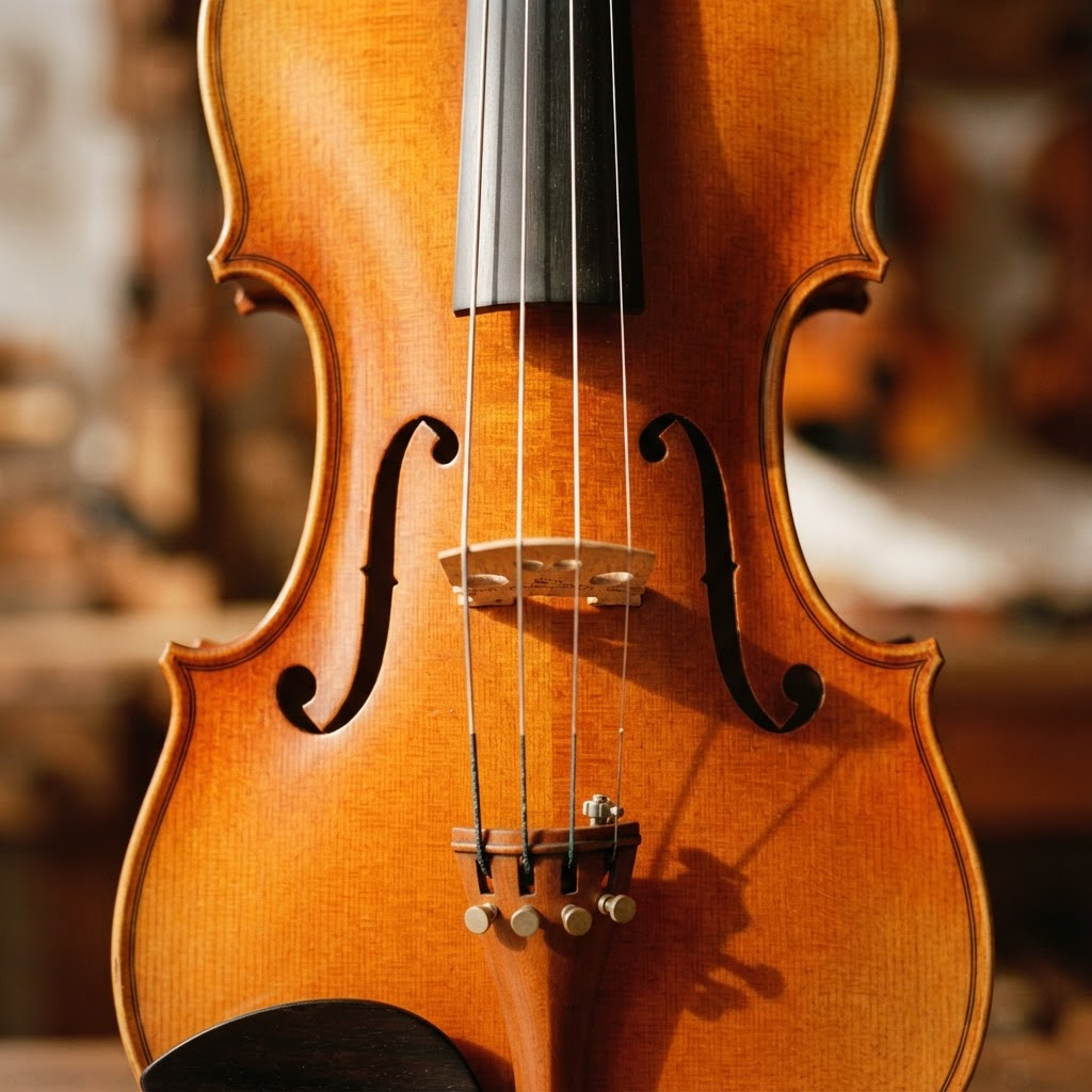 Close view of a fine violin’s f-holes and bridge with glowing amber varnish